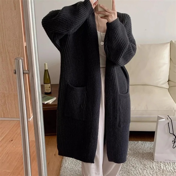 #40 GORGEOUS Chunky Thick Long Over Knee Rib Black Brush Soft Cardigan - Picture 3 of 8